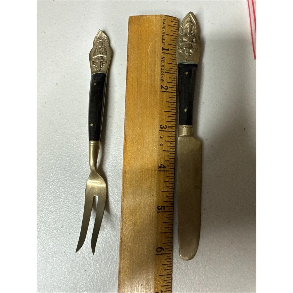 Siam Thailand Praying Buddha Brass Wood Fork Knife‎ 6